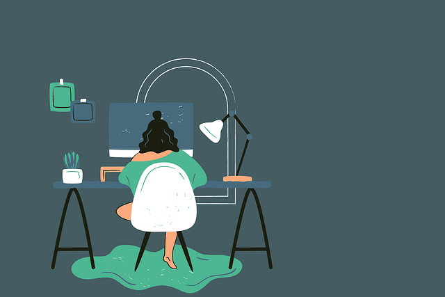 illustration of woman sitting at desk working on computer